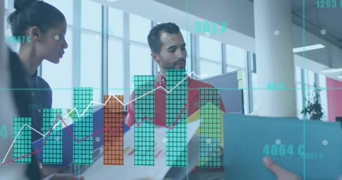 Report handoff initiating growing data charts as man in red explaining results Stock Footage 330237539