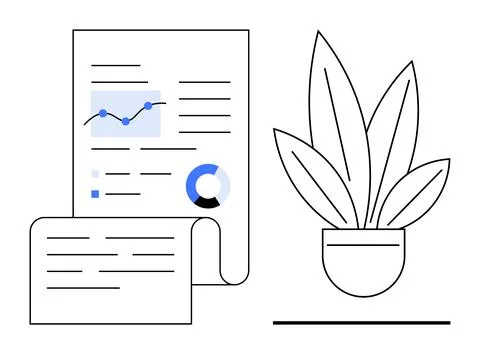 Report Papers Featuring Charts and Data Graphs Next to a Potted Plant Stock Illustration