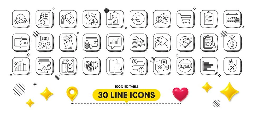 Report, Payment method and Payment line icons pack. For web app. 3d design Illustrazione stock