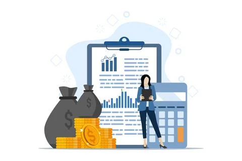 Report with processing figures and coins showing financial data 스톡 일러스트