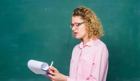 Report project. back to school. essay writing. teacher with document folder Stock Photos