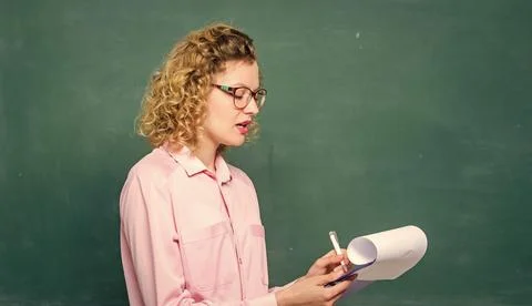 Report project. back to school. essay writing. teacher with document folder Stock Photos