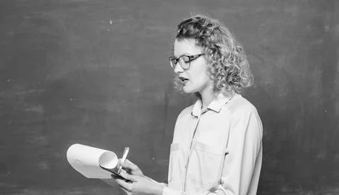 Report project. back to school. essay writing. teacher with document folder Stock Photos