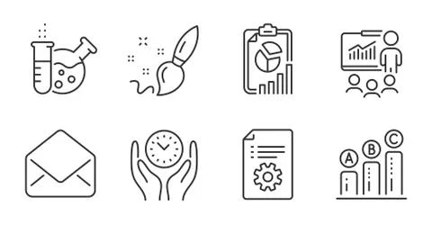 Report, Technical documentation and Graph chart icons set. Safe time, Mail and Stock Illustration