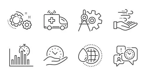 Report timer, Safe time and Wind energy icons set. Cogwheel dividers, World Illustrazione stock