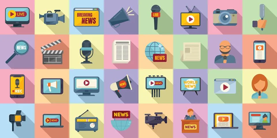 Reportage icons set flat vector. Interview news Stock Illustration