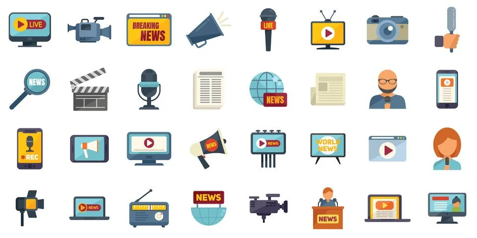 Reportage icons set flat vector. Interview news Illustrazione stock