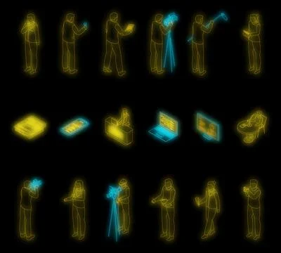 Reportage icons set vector neon 库存插图