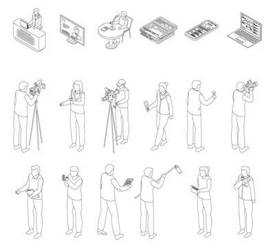 Reportage icons set vector outline 库存插图