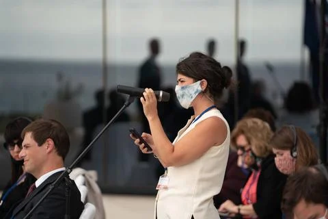 A reporter asks a question during a joint press availability with Secretar... Stock Photos