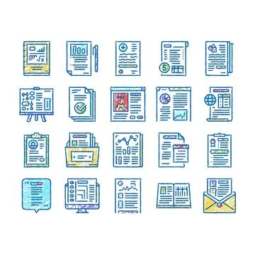 Reports Documentation set Icons hand drawn Stock Illustration