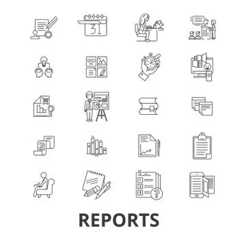 Reports, documents, analytics, paper, data management, news, charts line icon 스톡 일러스트