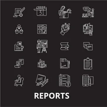 Reports editable line icons vector set on black background. Reports white Stock Illustration