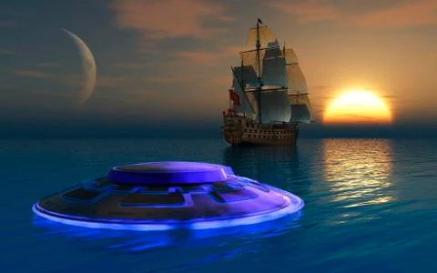 Reports of strange glowing objects have been common throughout maritime history. Stock Illustration