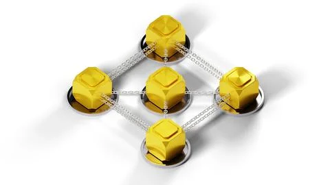 Representation of a blockchain network with golden 3D cubes linked by lines,  Stock Photos