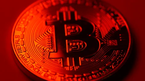 Representation of the digital Cryptocurrency in red color Stockbeeldmateriaal 162641233