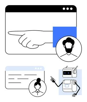 Representation of Digital Interaction Hand Pointing, User Avatars, and a Ro.. Stock Illustration
