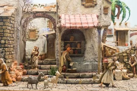 Representation of the nativity made in Naples, also called crib Stock Photos