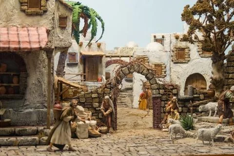 Representation of the nativity made in Naples, also called crib Stock Photos