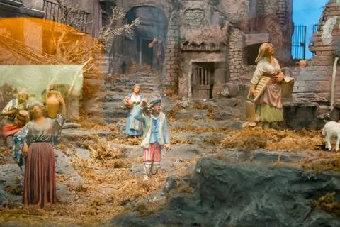 Representation of the nativity made in Naples, also called crib Stock Photos