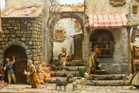 Representation of the nativity made in Naples, also called Presepe Stock Photos