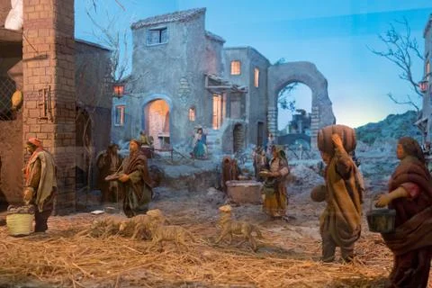 Representation of the nativity made in Naples, also called Presepe Stock Photos