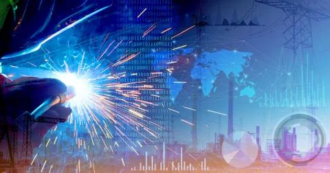 Representation of the robotic production of the future. Control of work param Stock Photos