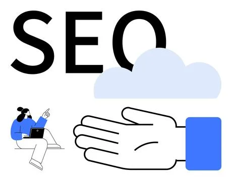 Representation of SEO with a Hand, Cloud, and Person Working on Laptop Stock Illustration