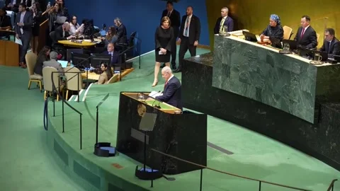 Representatives walk out of UN Assembly debate during Netanyahu's speech, United Stock Footage 346321967