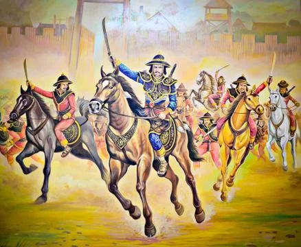 Reprocucing image of thai combatant with sword on warhorse. Stock Photos