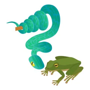 Reptile class icon isometric vector. Big blue snake on branch near green frog Ilustración de archivo