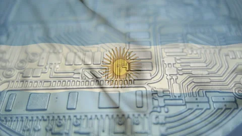 Republic of Argentine flag with Bitcoin Cryptocurrency Stock Footage 165901892