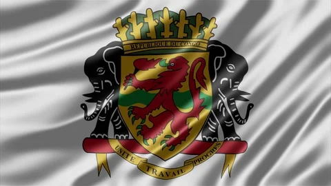 Republic of Congo coat of arms displayed on a rippling white fabric texture Stock Footage 343871861