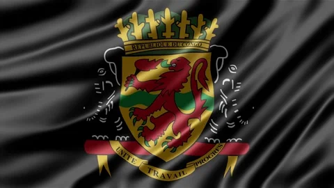 Republic of Congo coat of arms displayed on a dark fabric waving animation Stockbeeldmateriaal 343871902