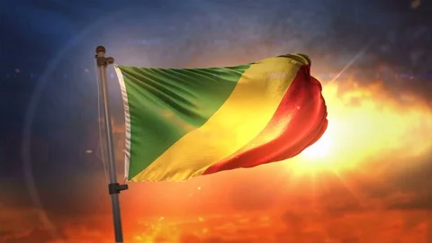 Republic of the Congo Flag Backlit At Beautiful Sunrise Loop Slow Motion 4K Stock Footage 76311402