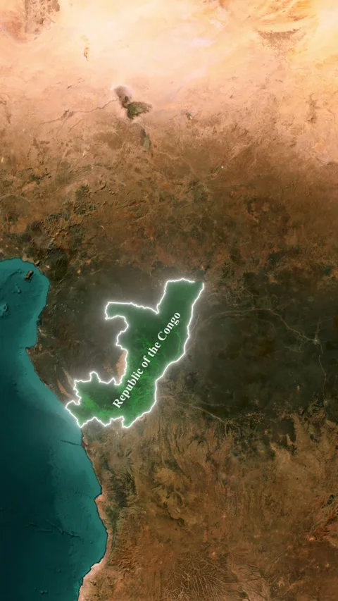 Republic of the Congo Highlighted on World Map, Vertical 3D Satellite Zoom .. Stock Footage 344096509