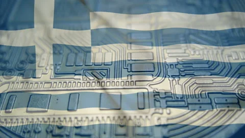 Republic of Hellenic Republic flag with Bitcoin Cryptocurrency Stock Footage 166358910