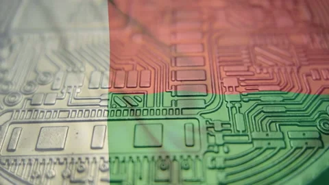 Republic of Madagascar flag with Bitcoin Cryptocurrency. Regulations, laws M Stock Footage 166722089