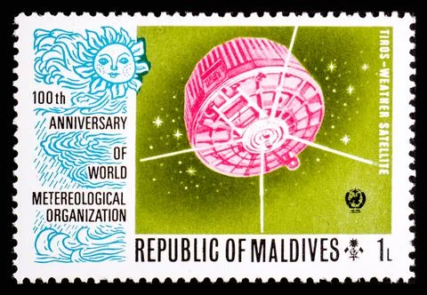 REPUBLIC OF MALDIVES - CIRCA 1973: A postage stamp from Maldives showing Tiros Stock Photos