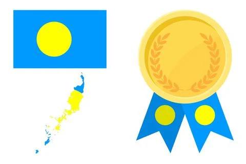 Republic of Palau flag with map and gold medal in set for web and banners o.. Stock Illustration
