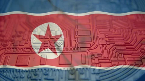 Republic of Pyongyang flag with Bitcoin Cryptocurrency Video stock 165904813