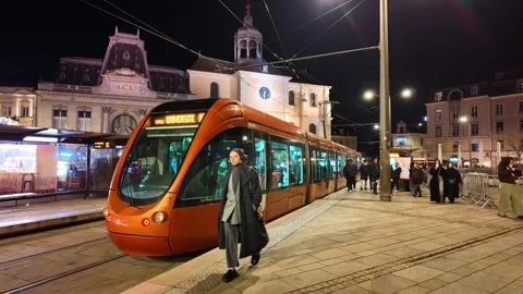 Republic square with local tram stopped at station with passengers before the Stock Footage 331162550
