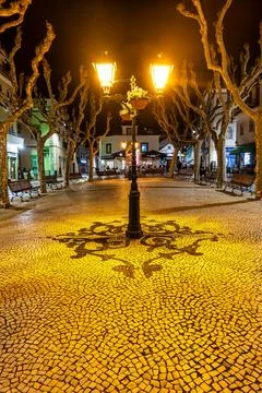 The Republic Square at night also called Jogo de Bola in Ericeira, Portugal Stock Photos