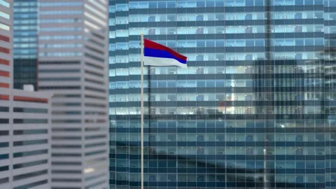 Republic of Srpska Flag 3D Render Animation Waving Against Glass Office Buil Stock Footage 333077320