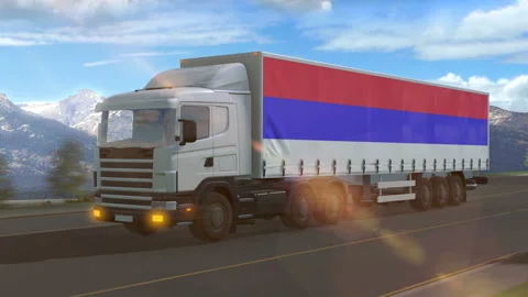 Republic of Srpska flag shown on the side of a large truck Stock Footage 122105286