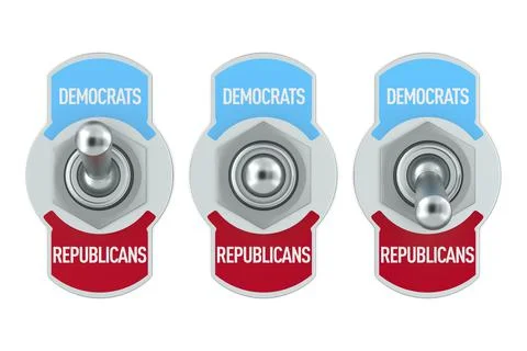 Republicans vs Democrats. Toggle switch on white background. Isolated 3D illu Illustrazione stock