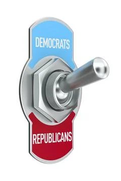 Republicans vs Democrats. Toggle switch on white background. Isolated 3D illu Stockillustratie