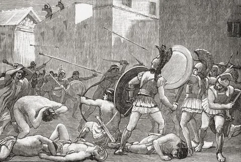 The repulse of Phyrrus from Sparta during The Siege of Sparta, 272 BC. From Cass Stock Photos