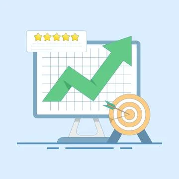 Reputation Marketing Concept. Computer with Target Arrow and Rating Stars. Ilustração Stock