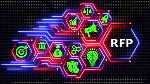 Request for proposal rfp concept with futuristic neon icons. 動画素材 336249591